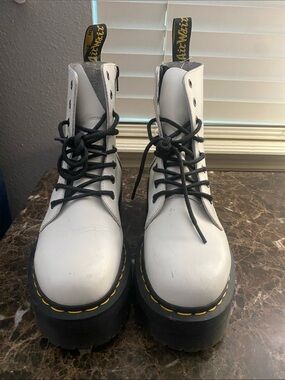 Dr. Martens White Platform Lace-Up Combat Boots with Black Laces